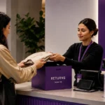 Customer returning clothing item at a modern fashion retail returns counter