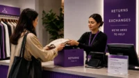 Customer returning clothing item at a modern fashion retail returns counter