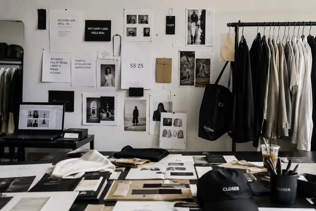 Minimal independent fashion studio with thoughtful branding details