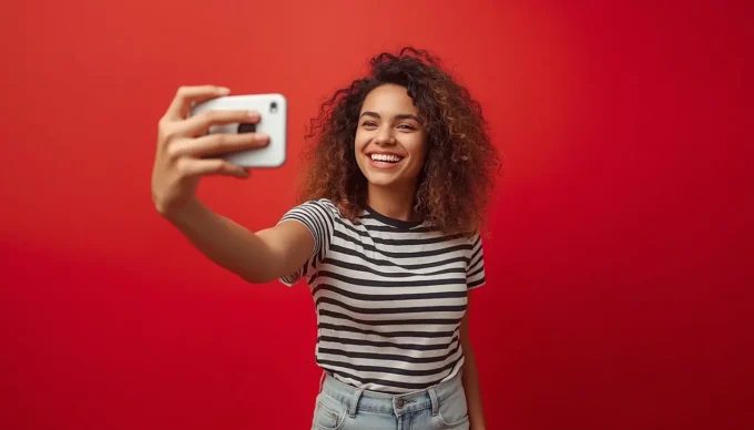 Young woman with curly hair taking a selfie against a red studio background with natural expression and soft editorial lighting.