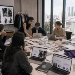 Fashion professionals and brand teams discussing editorial campaigns inside a bright modern creative workspace during daytime.