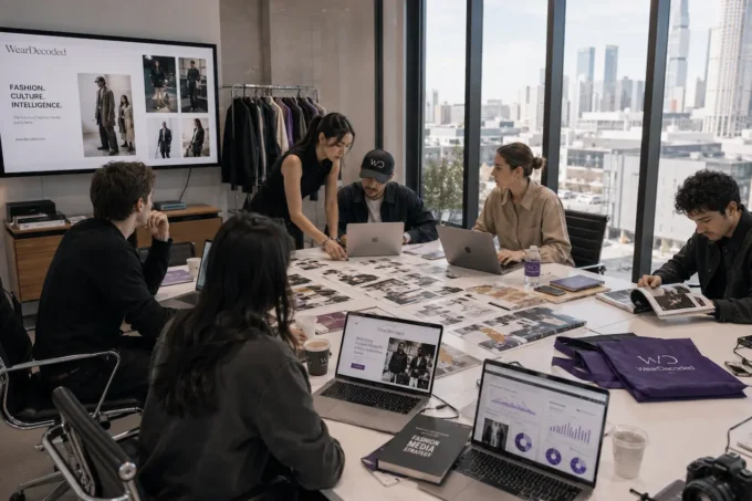 Fashion professionals and brand teams discussing editorial campaigns inside a bright modern creative workspace during daytime.