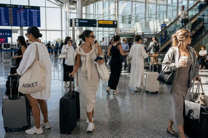 Women wearing relaxed influencer-style dresses while moving through a bright international airport terminal with luggage and casual travel styling.