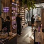 Shoppers photographing details inside a modern fashion concept store with warm lighting, editorial atmosphere, and subtle violet design accents.