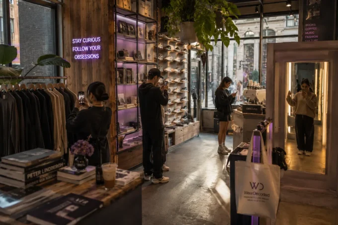 Shoppers photographing details inside a modern fashion concept store with warm lighting, editorial atmosphere, and subtle violet design accents.