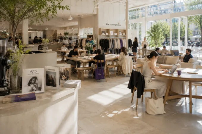 Bright fashion concept store with café seating, creative visitors, natural sunlight, and subtle violet accents in a modern editorial environment.