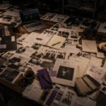 Late-night fashion studio worktable covered with editorial layouts, fabric swatches, creative notes, and subtle violet design accents.