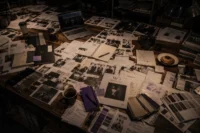 Late-night fashion studio worktable covered with editorial layouts, fabric swatches, creative notes, and subtle violet design accents.