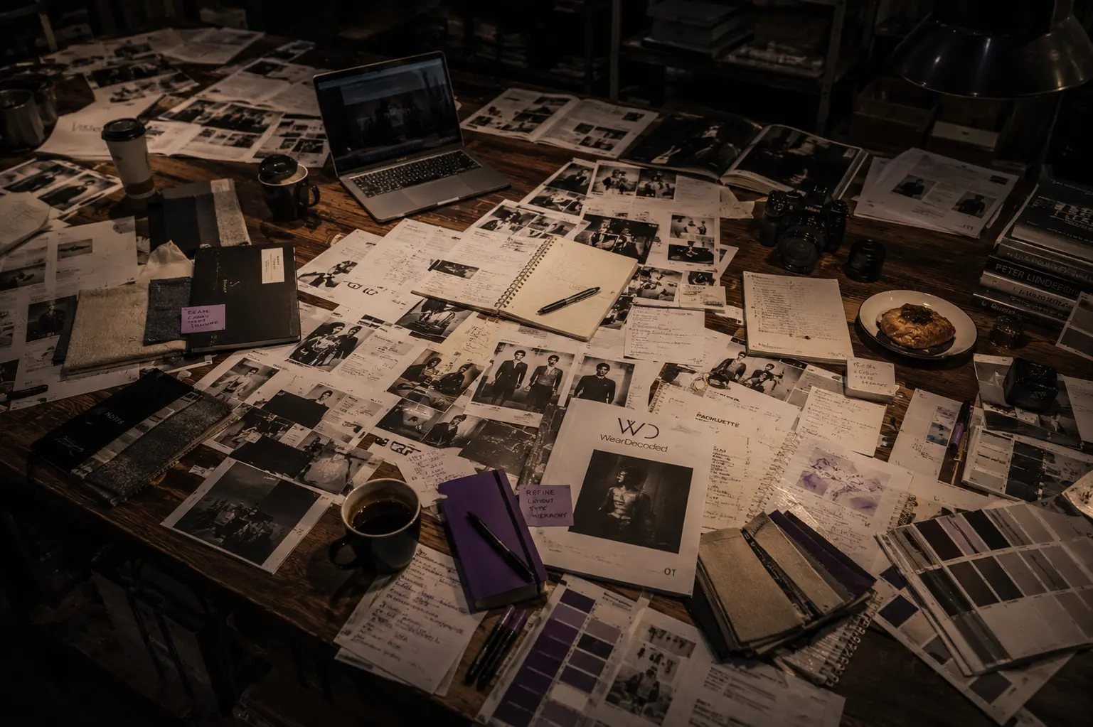 Late-night fashion studio worktable covered with editorial layouts, fabric swatches, creative notes, and subtle violet design accents.