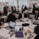 Fashion designers presenting portfolios and garment concepts inside a bright contemporary studio during a hiring review session.