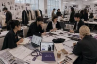 Fashion designers presenting portfolios and garment concepts inside a bright contemporary studio during a hiring review session.