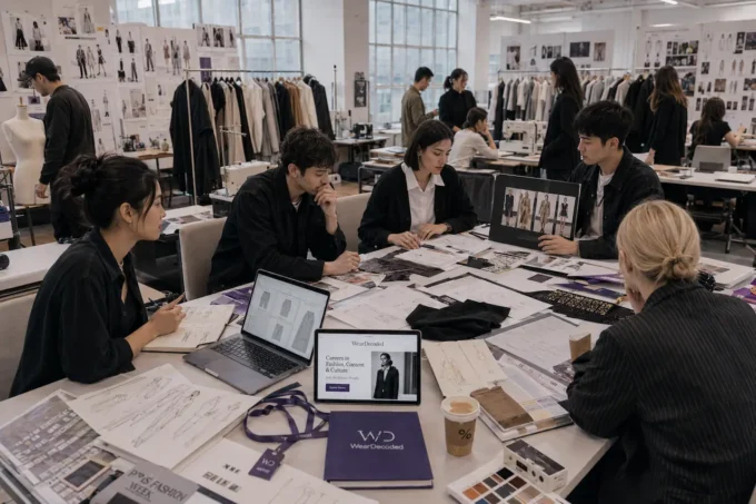 Fashion designers presenting portfolios and garment concepts inside a bright contemporary studio during a hiring review session.