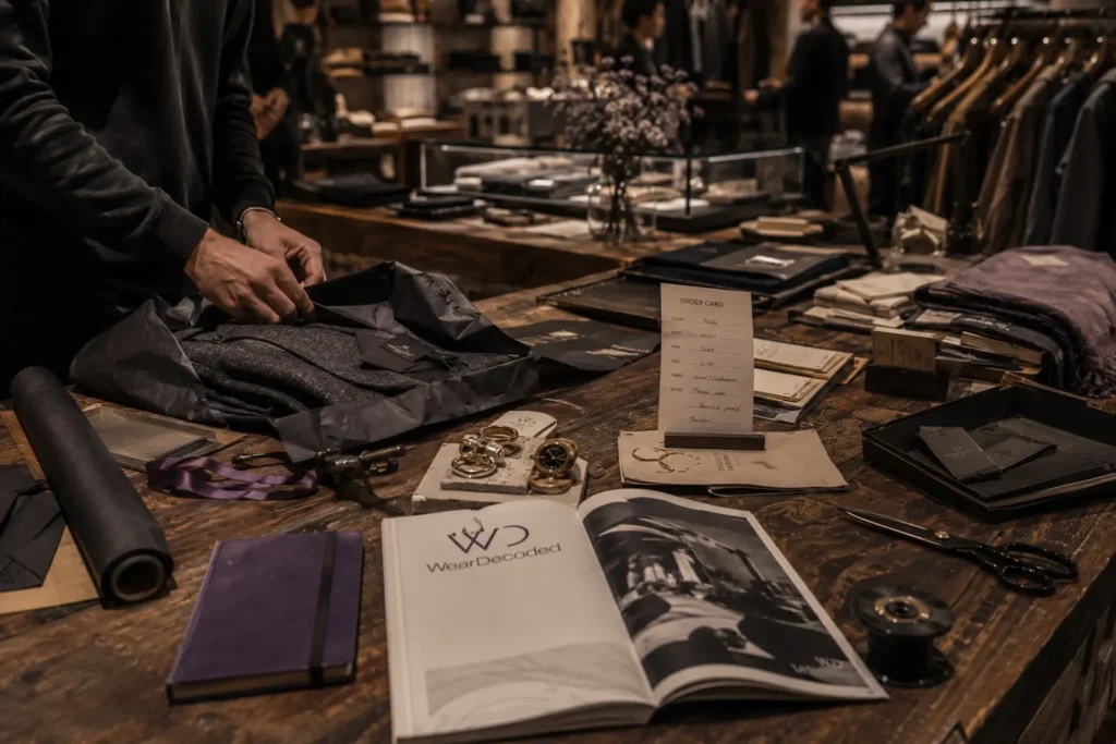 Close-up editorial fashion scene featuring packaging details, craftsmanship tools, textured materials, and subtle violet design accents inside a luxury workshop.