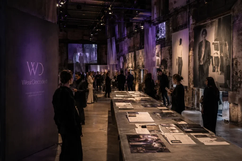 Fashion professionals exploring a cinematic warehouse exhibition with editorial installations, industrial textures, and subtle violet lighting accents.
