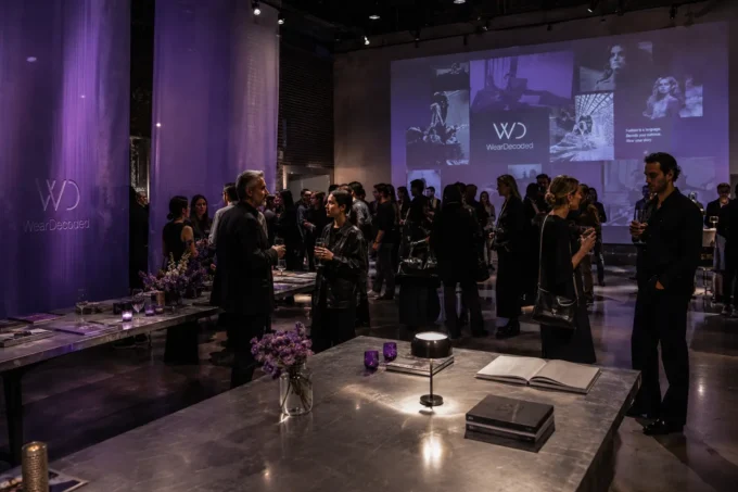 Fashion industry professionals networking inside a contemporary gallery space with subtle violet installations and editorial WearDecoded branding.