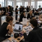 Young creatives attending a fashion hiring and portfolio review event inside a bright modern workspace during daytime.