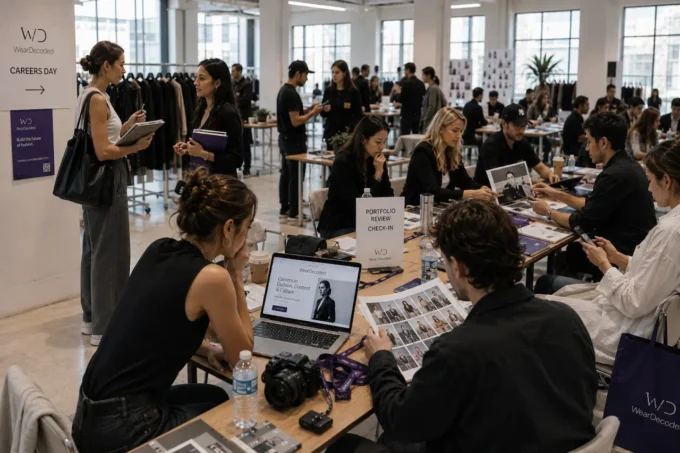 Young creatives attending a fashion hiring and portfolio review event inside a bright modern workspace during daytime.