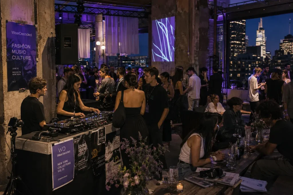 Fashion and music event inside a modern industrial rooftop venue with DJs, stylish guests, and relaxed creative atmosphere.