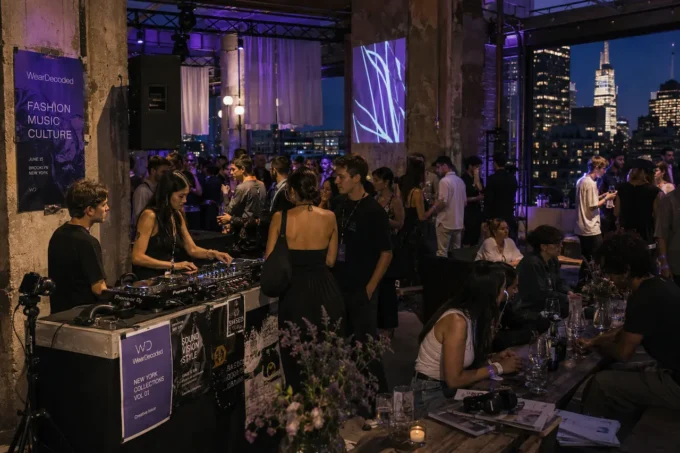 Fashion and music event inside a modern industrial rooftop venue with DJs, stylish guests, and relaxed creative atmosphere.
