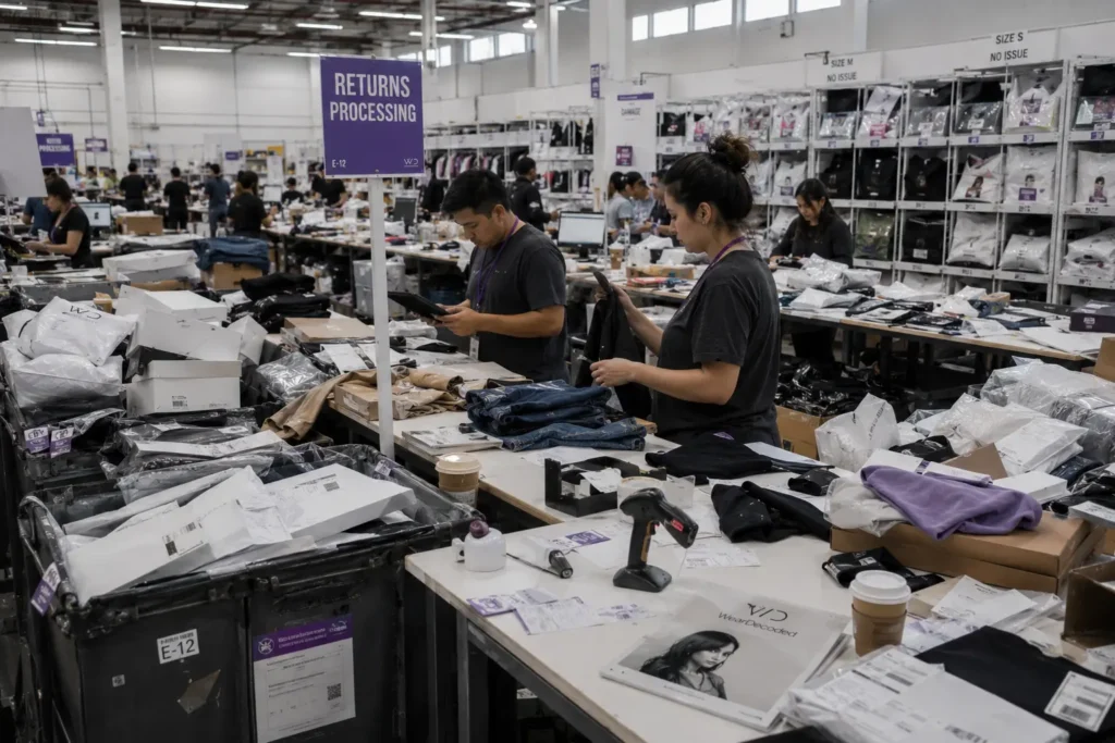Fashion ecommerce returns center with workers processing clothing parcels, shipping labels, and returned garments under bright warehouse lighting.