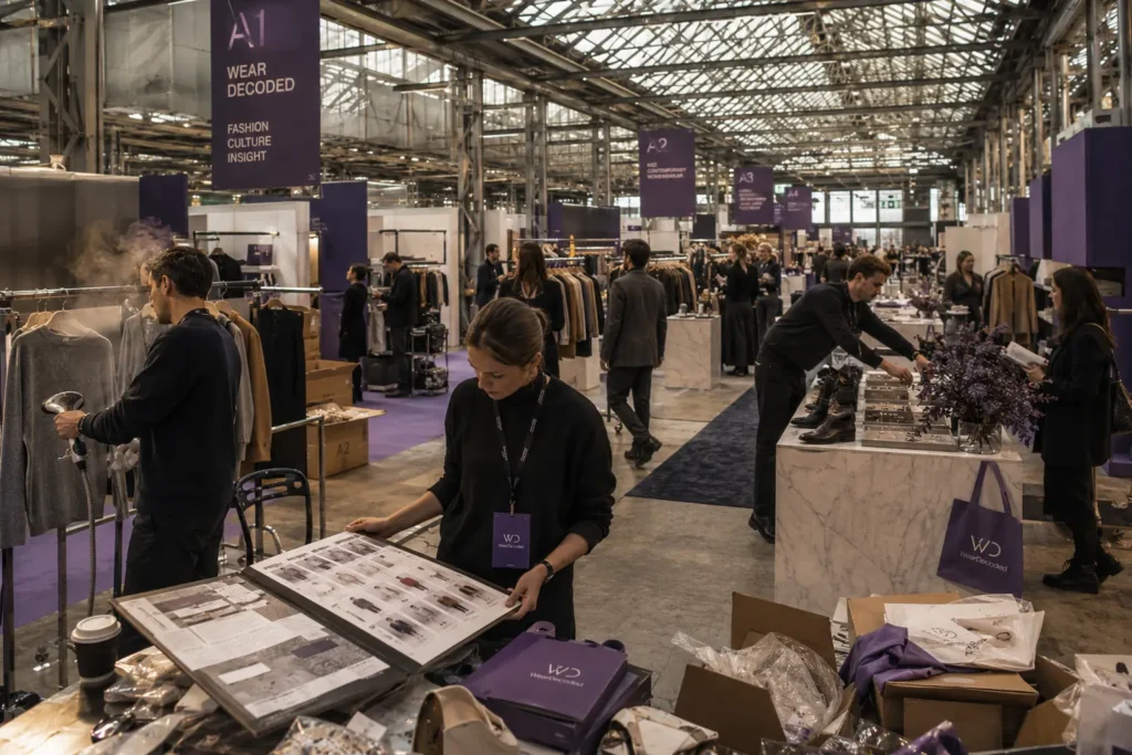 Fashion professionals preparing booths inside a luxury trade fair venue during early setup hours with subtle violet branding accents.