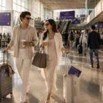 Stylish man and woman walking through a bright modern airport terminal wearing relaxed luxury travel fashion with elegant luggage.