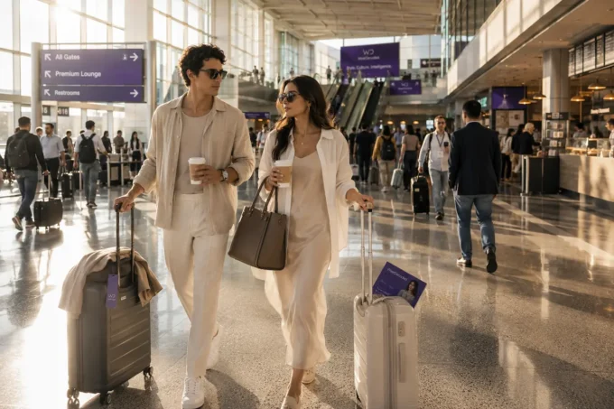 Stylish man and woman walking through a bright modern airport terminal wearing relaxed luxury travel fashion with elegant luggage.