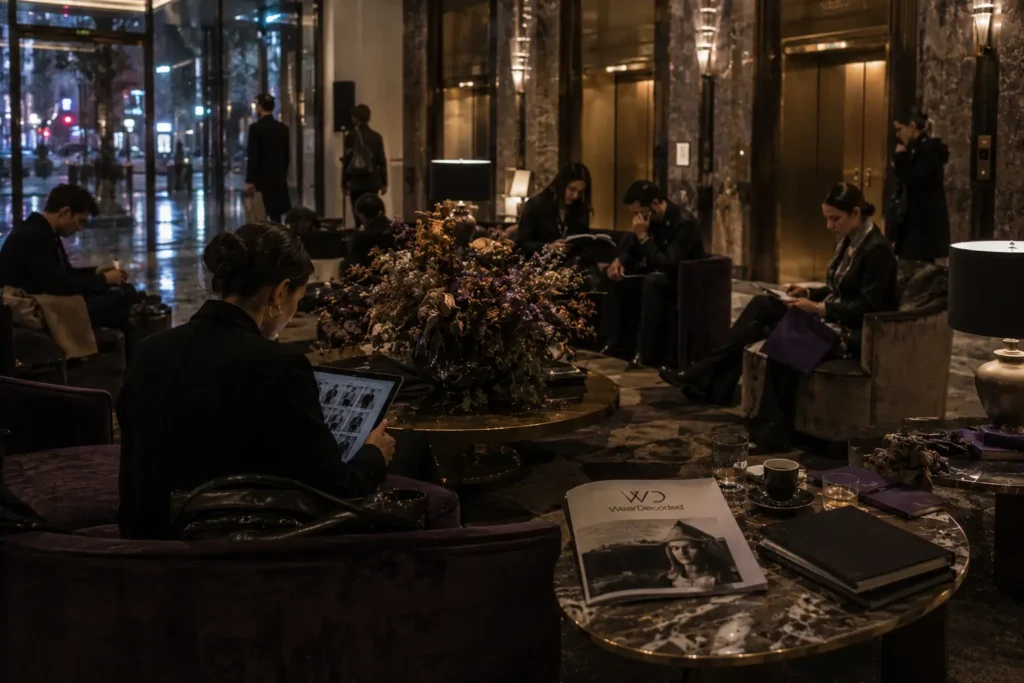 Fashion professionals sitting quietly inside a luxury hotel lobby during fashion week evening hours with subtle violet accents and editorial atmosphere.