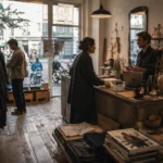 Independent fashion boutique with warm lighting, natural retail atmosphere, and customers browsing clothing during a quiet afternoon.