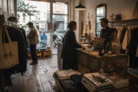 Independent fashion boutique with warm lighting, natural retail atmosphere, and customers browsing clothing during a quiet afternoon.