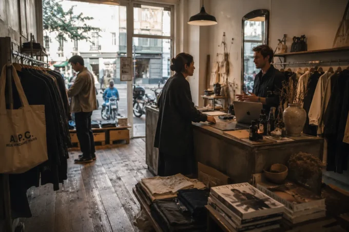 Independent fashion boutique with warm lighting, natural retail atmosphere, and customers browsing clothing during a quiet afternoon.