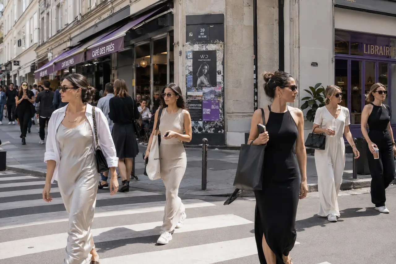Street-style fashion scene featuring women wearing relaxed minimalist dress trends popular among influencers in a bright urban setting.