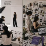 Comparison between a traditional fashion lookbook shoot and a creative moodboard workspace filled with visual references and styling ideas.