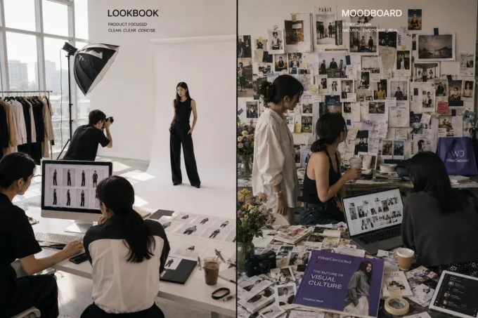 Comparison between a traditional fashion lookbook shoot and a creative moodboard workspace filled with visual references and styling ideas.
