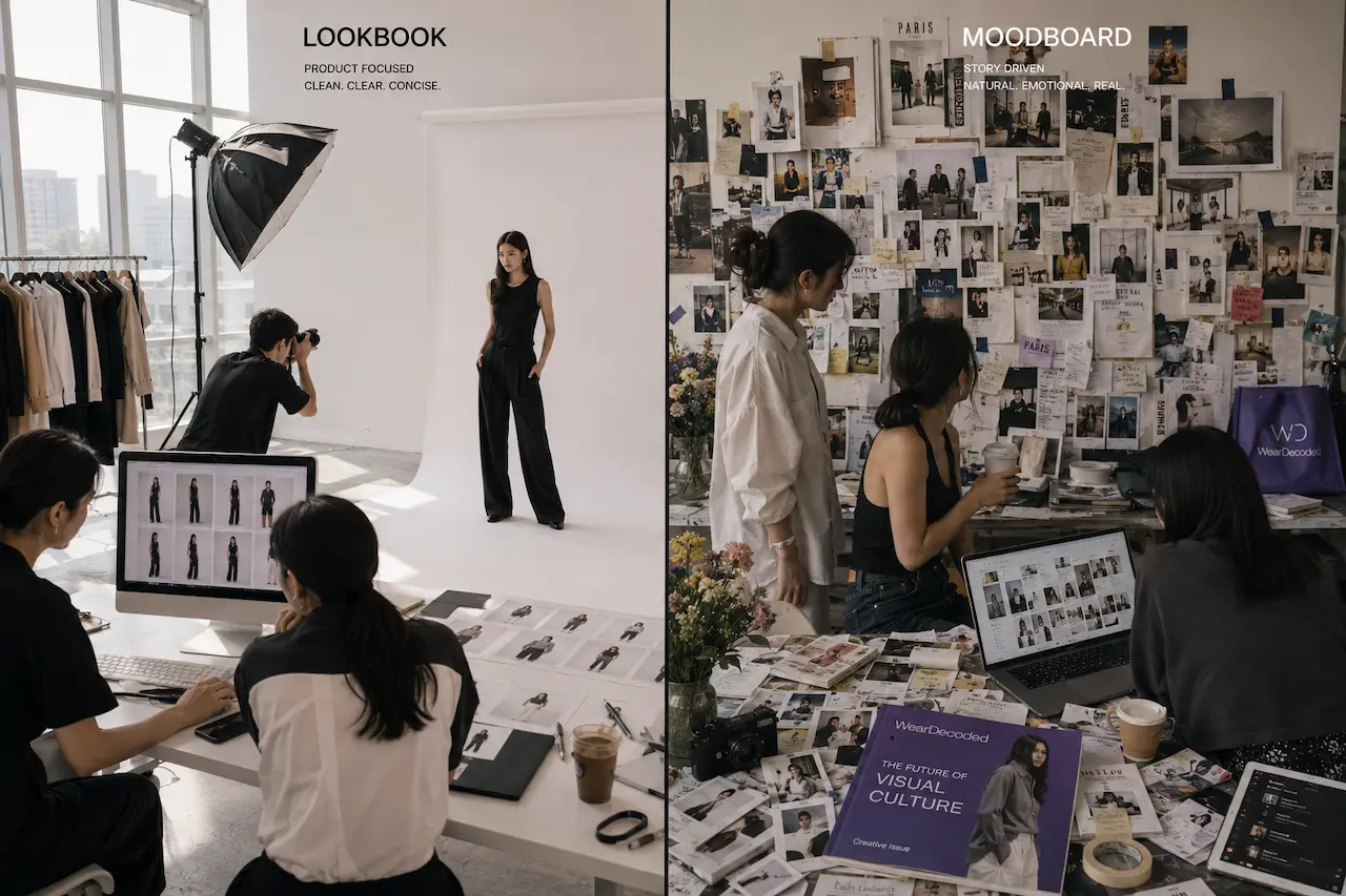Comparison between a traditional fashion lookbook shoot and a creative moodboard workspace filled with visual references and styling ideas.