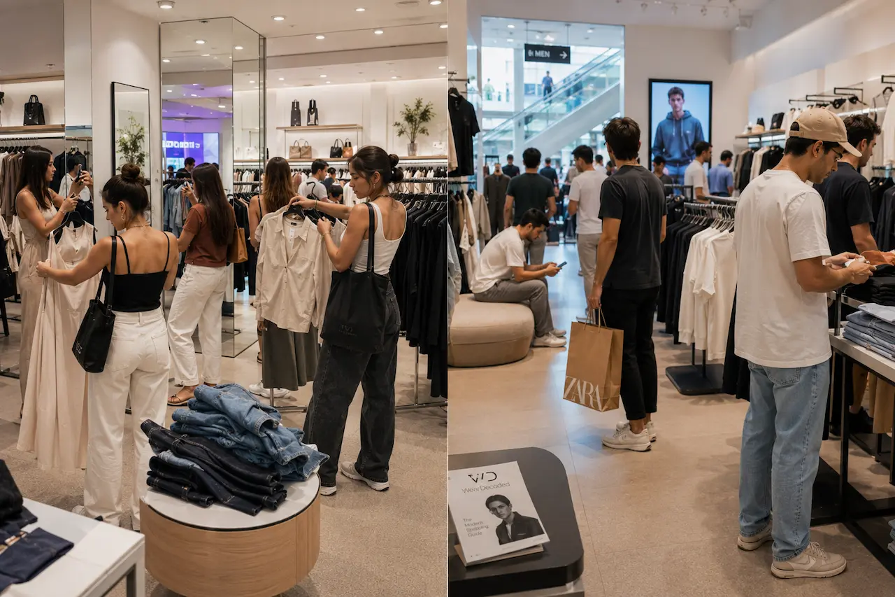 Men and women shopping differently inside a modern fashion mall with realistic browsing behavior and bright retail atmosphere.