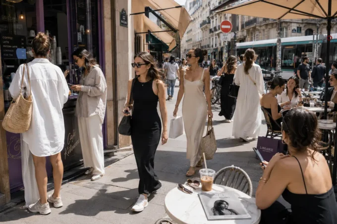 Women wearing relaxed minimalist dresses at a sunny café district in a modern city street-style editorial scene.