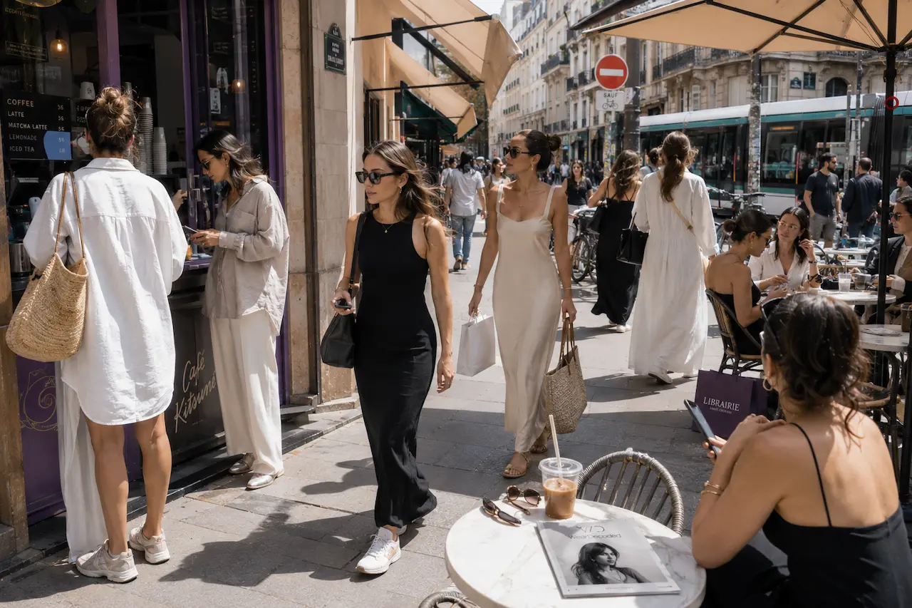 Women wearing relaxed minimalist dresses at a sunny café district in a modern city street-style editorial scene.