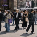 Stylish people wearing different current fashion trends while walking through a busy modern city district during daytime.