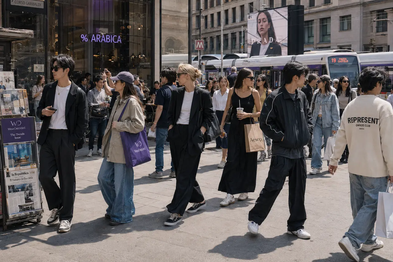 Stylish people wearing different current fashion trends while walking through a busy modern city district during daytime.