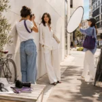 Outdoor fashion photoshoot in natural morning sunlight with clean modern styling, photographer, and relaxed editorial atmosphere.