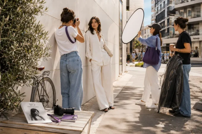 Outdoor fashion photoshoot in natural morning sunlight with clean modern styling, photographer, and relaxed editorial atmosphere.