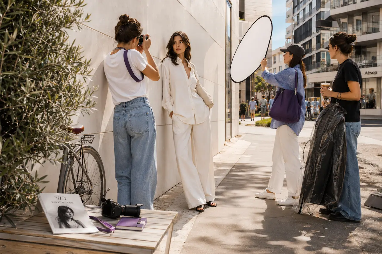 Outdoor fashion photoshoot in natural morning sunlight with clean modern styling, photographer, and relaxed editorial atmosphere.