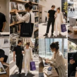 Fashion creator wearing a relaxed repeatable outfit while moving through cafés, bookstores, and city streets during a content day.
