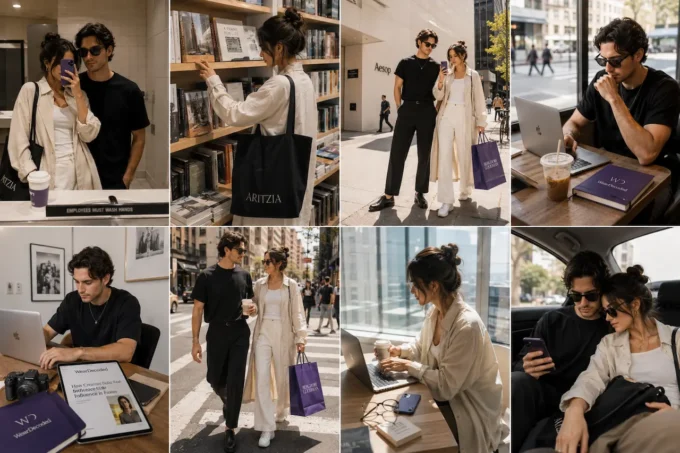 Fashion creator wearing a relaxed repeatable outfit while moving through cafés, bookstores, and city streets during a content day.