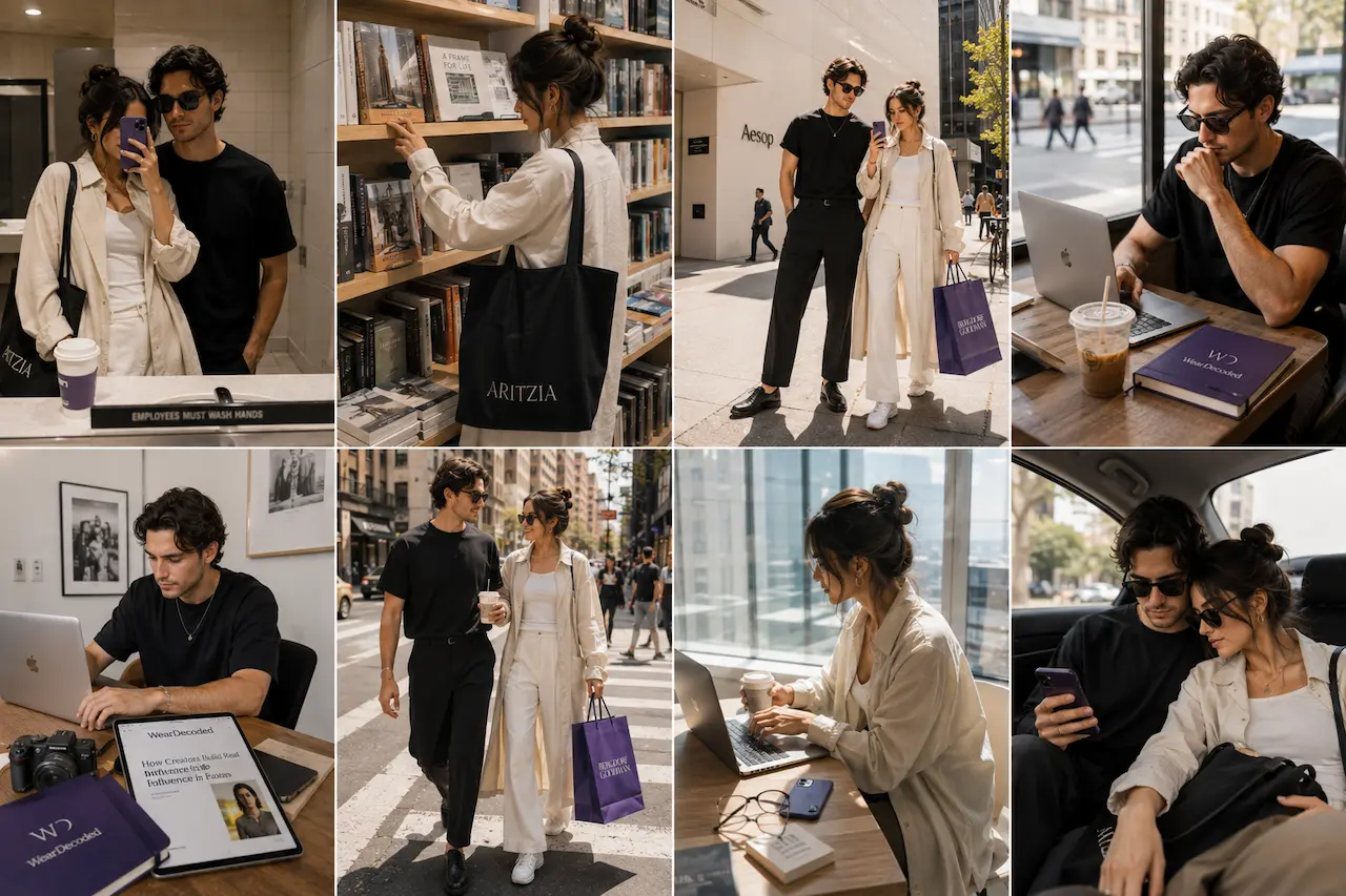 Fashion creator wearing a relaxed repeatable outfit while moving through cafés, bookstores, and city streets during a content day.