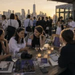 Fashion professionals networking at a modern rooftop event during sunset with skyline views and relaxed editorial atmosphere.