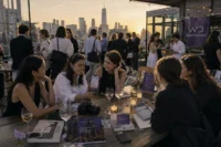 Fashion professionals networking at a modern rooftop event during sunset with skyline views and relaxed editorial atmosphere.