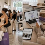 Comparison of shoppers browsing fashion sale racks in a store and online shopping from home during modern retail discount season.