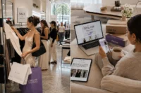 Comparison of shoppers browsing fashion sale racks in a store and online shopping from home during modern retail discount season.